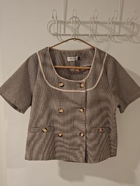 Brown & Black Houndstooth Double-breasted Short-sleeve Collarless Blazer (US M)